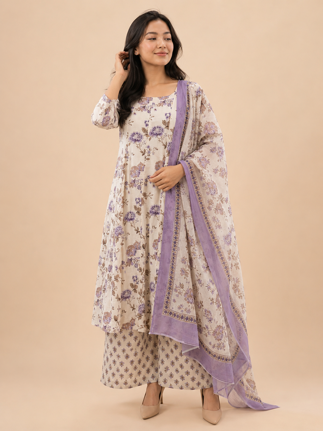 Ivory Lavender Floral Printed Kurta Set with Organza Dupatta