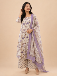 Ivory Lavender Floral Printed Kurta Set with Organza Dupatta