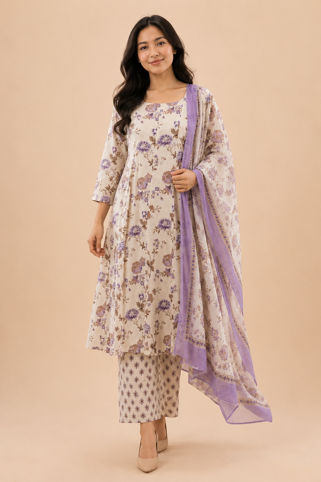 Ivory Lavender Floral Printed Kurta Set with Organza Dupatta