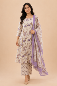 Ivory Lavender Floral Printed Kurta Set with Organza Dupatta