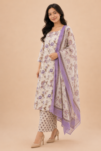 Ivory Lavender Floral Printed Kurta Set with Organza Dupatta