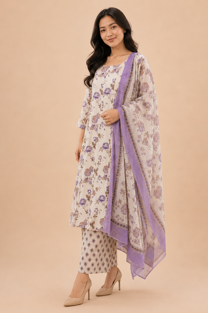Ivory Lavender Floral Printed Kurta Set with Organza Dupatta