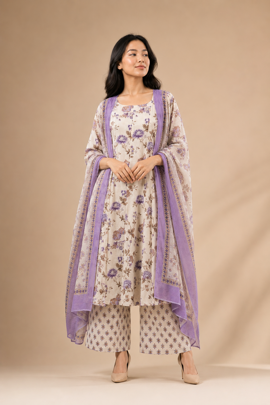 Ivory Lavender Floral Printed Kurta Set with Organza Dupatta