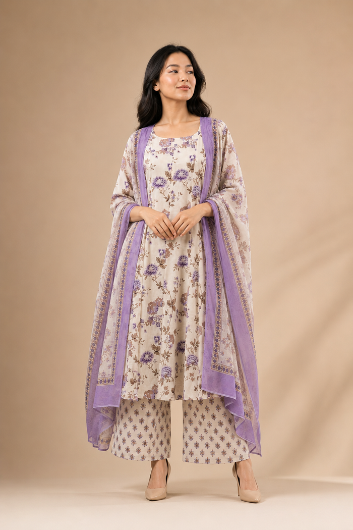 Ivory Lavender Floral Printed Kurta Set with Organza Dupatta