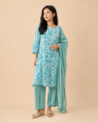 Women's Aqua Blue Floral Printed Kurta Palazzo Set with Dupatta