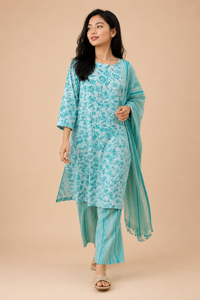 Women's Aqua Blue Floral Printed Kurta Palazzo Set with Dupatta