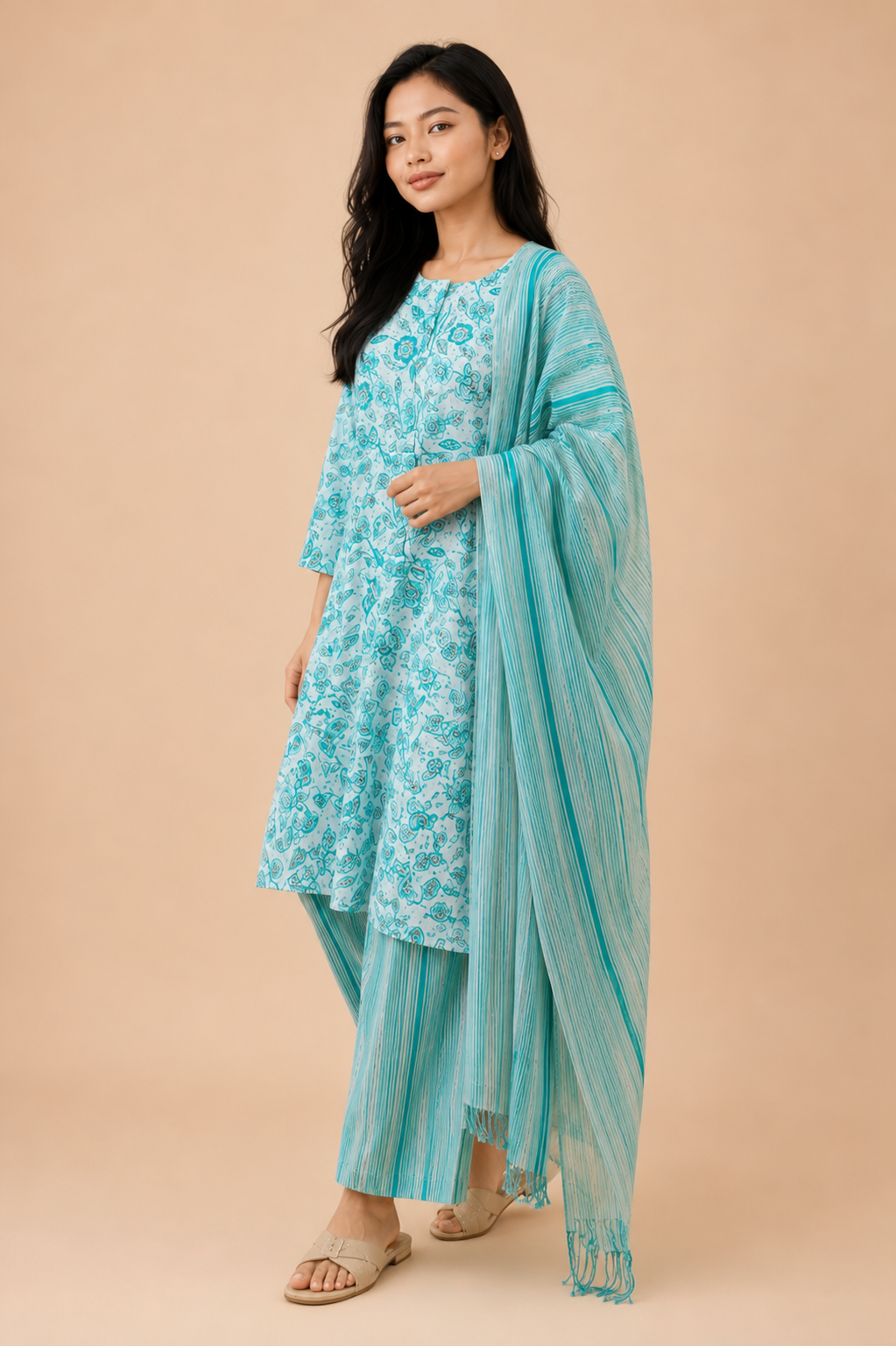 Women's Aqua Blue Floral Printed Kurta Palazzo Set with Dupatta