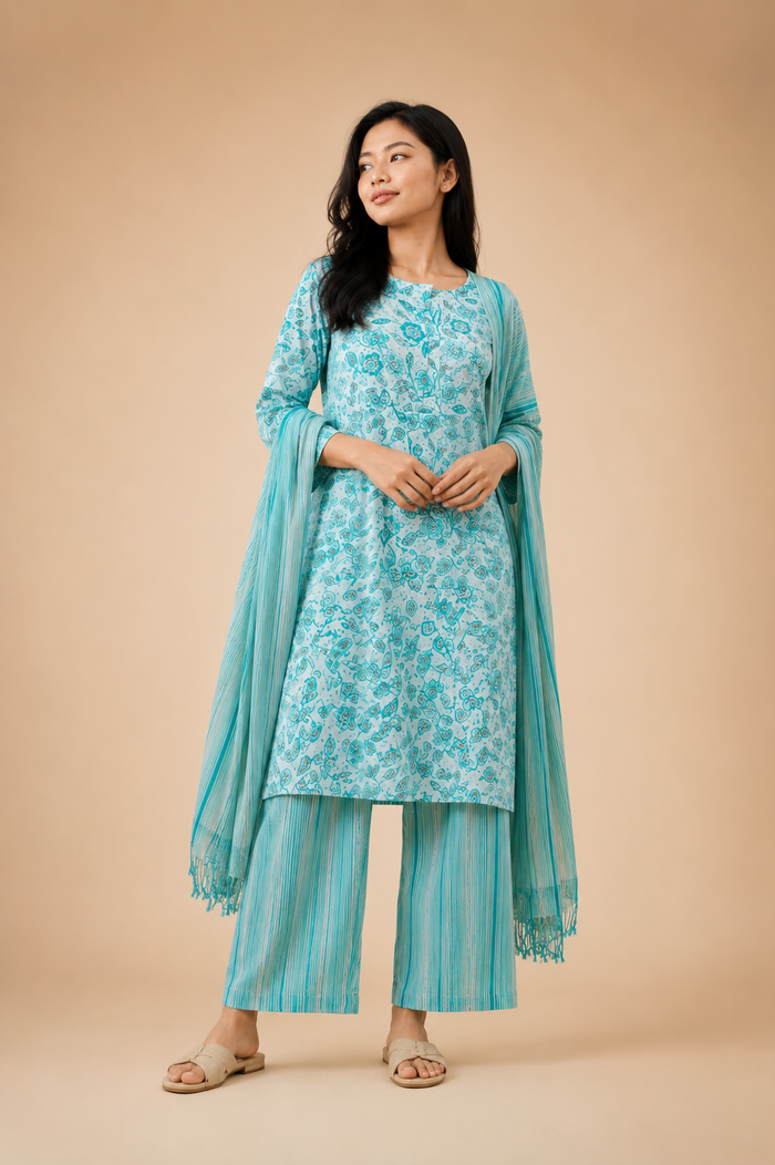 Women's Aqua Blue Floral Printed Kurta Palazzo Set with Dupatta