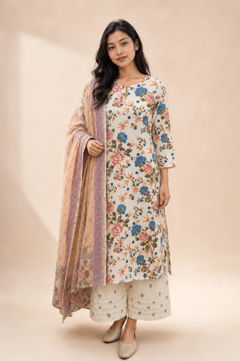 Ivory Bloom Floral Cotton Kurta Set with Printed Dupatta