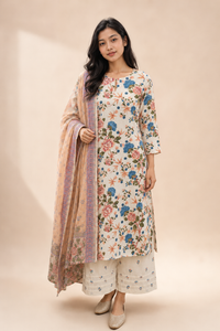 Ivory Bloom Floral Cotton Kurta Set with Printed Dupatta