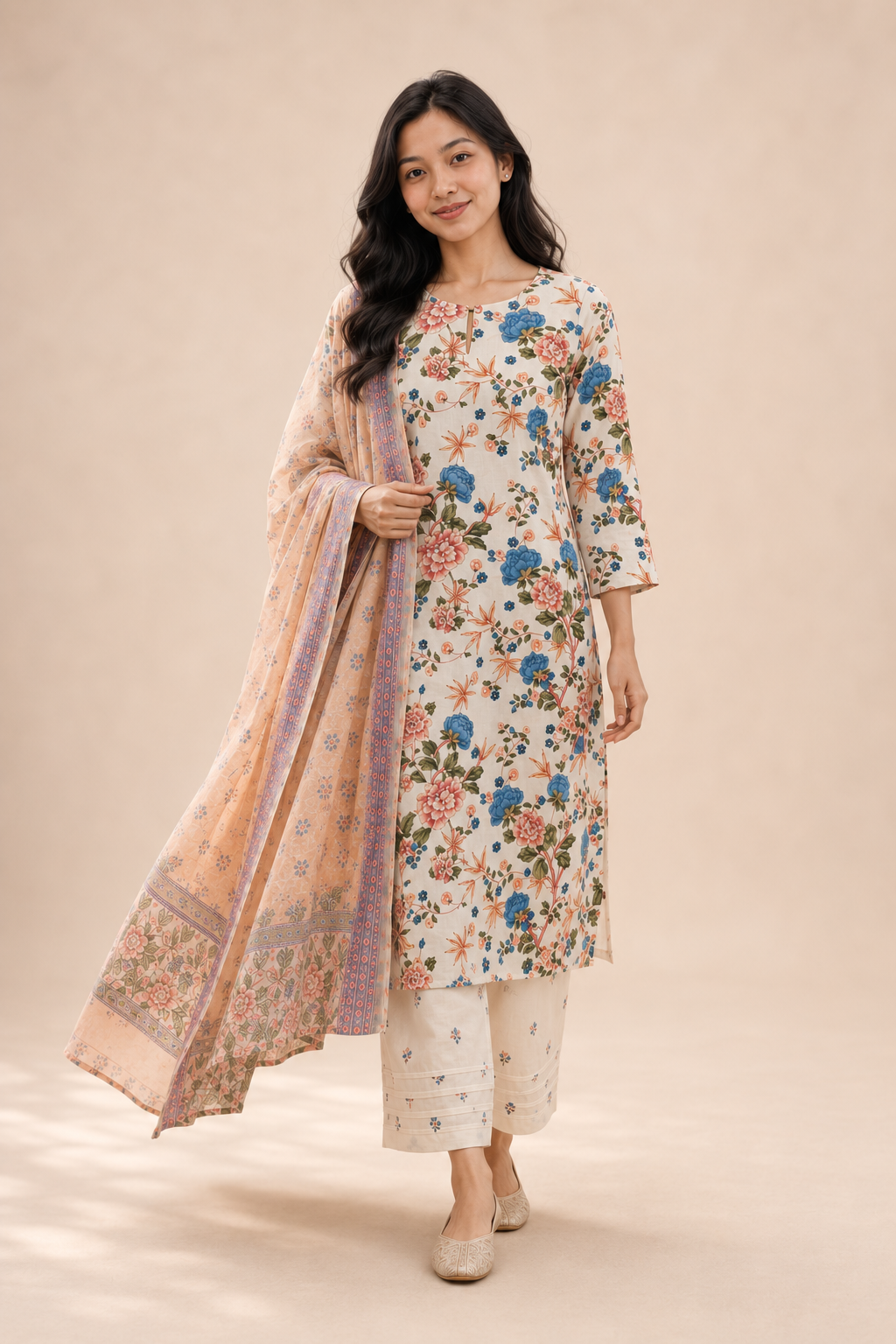 Ivory Bloom Floral Cotton Kurta Set with Printed Dupatta