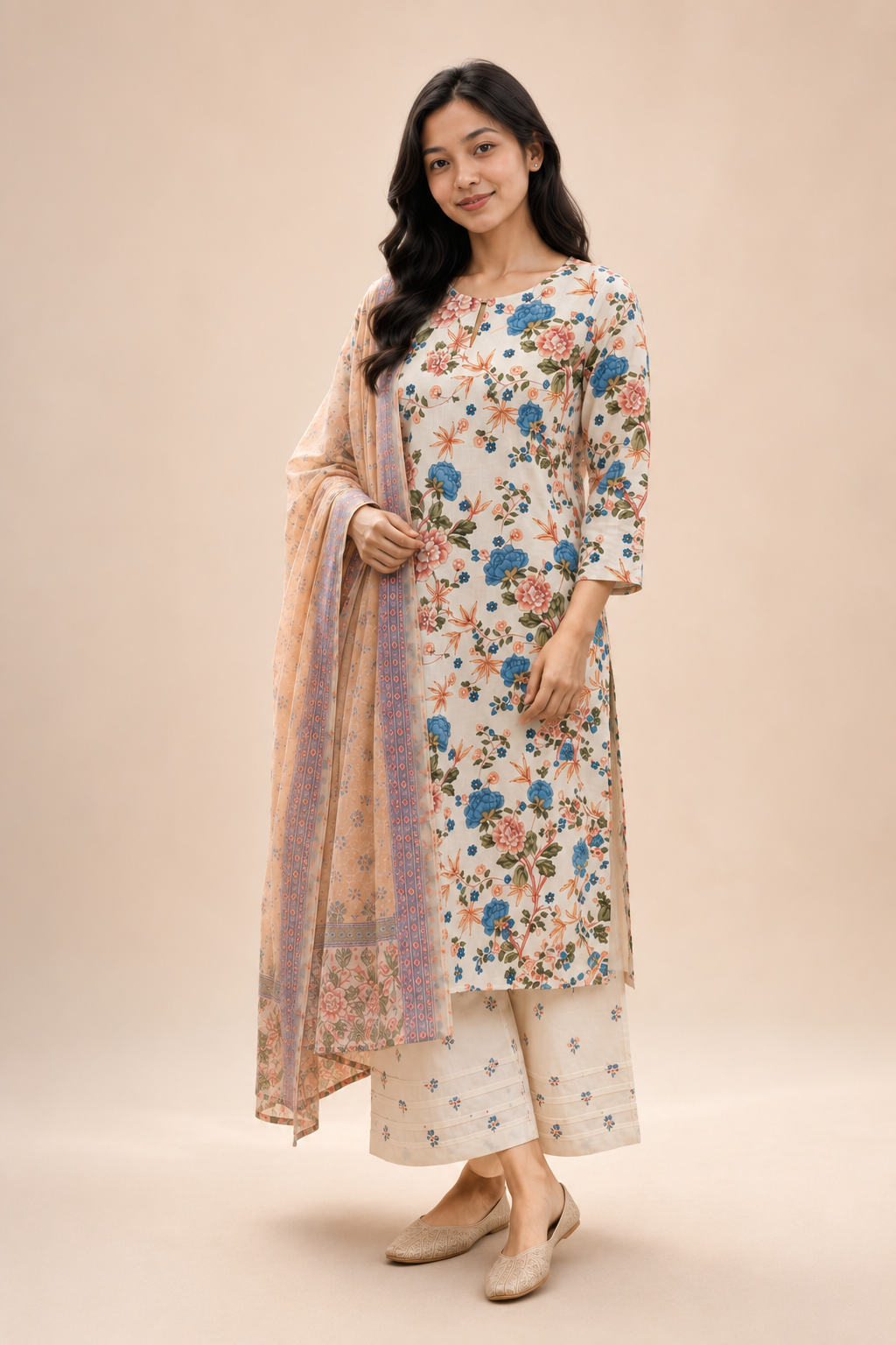 Ivory Bloom Floral Cotton Kurta Set with Printed Dupatta