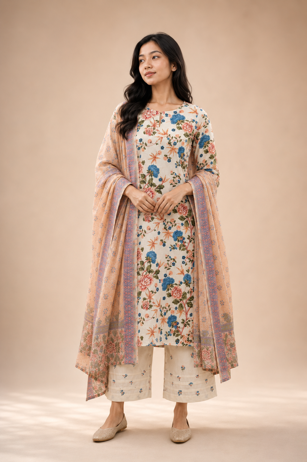 Ivory Bloom Floral Cotton Kurta Set with Printed Dupatta