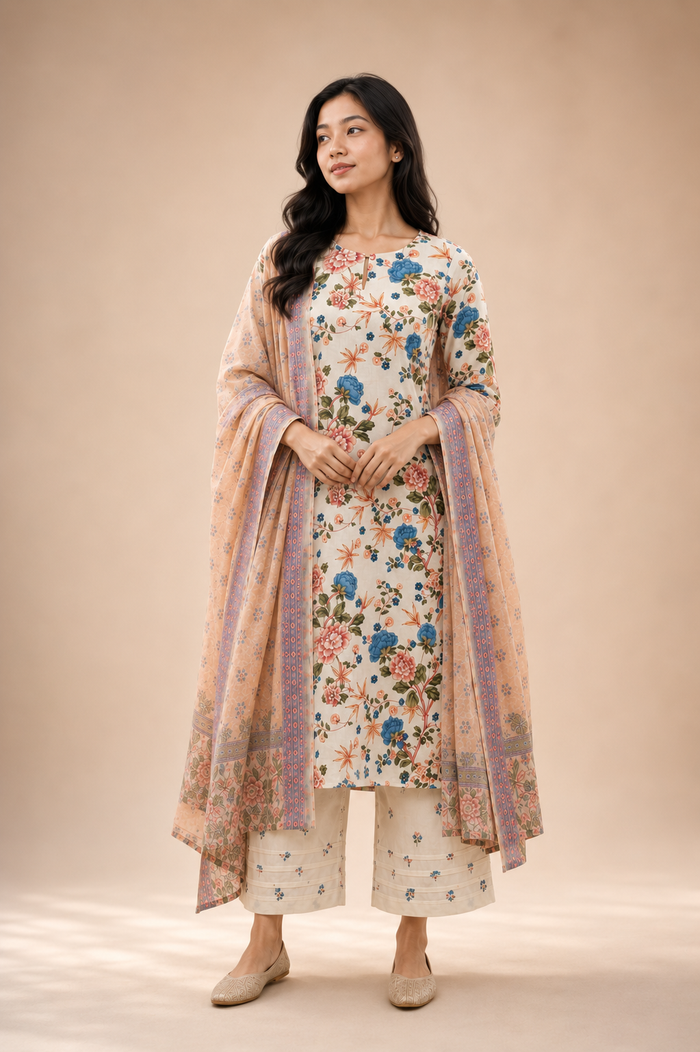 Ivory Bloom Floral Cotton Kurta Set with Printed Dupatta