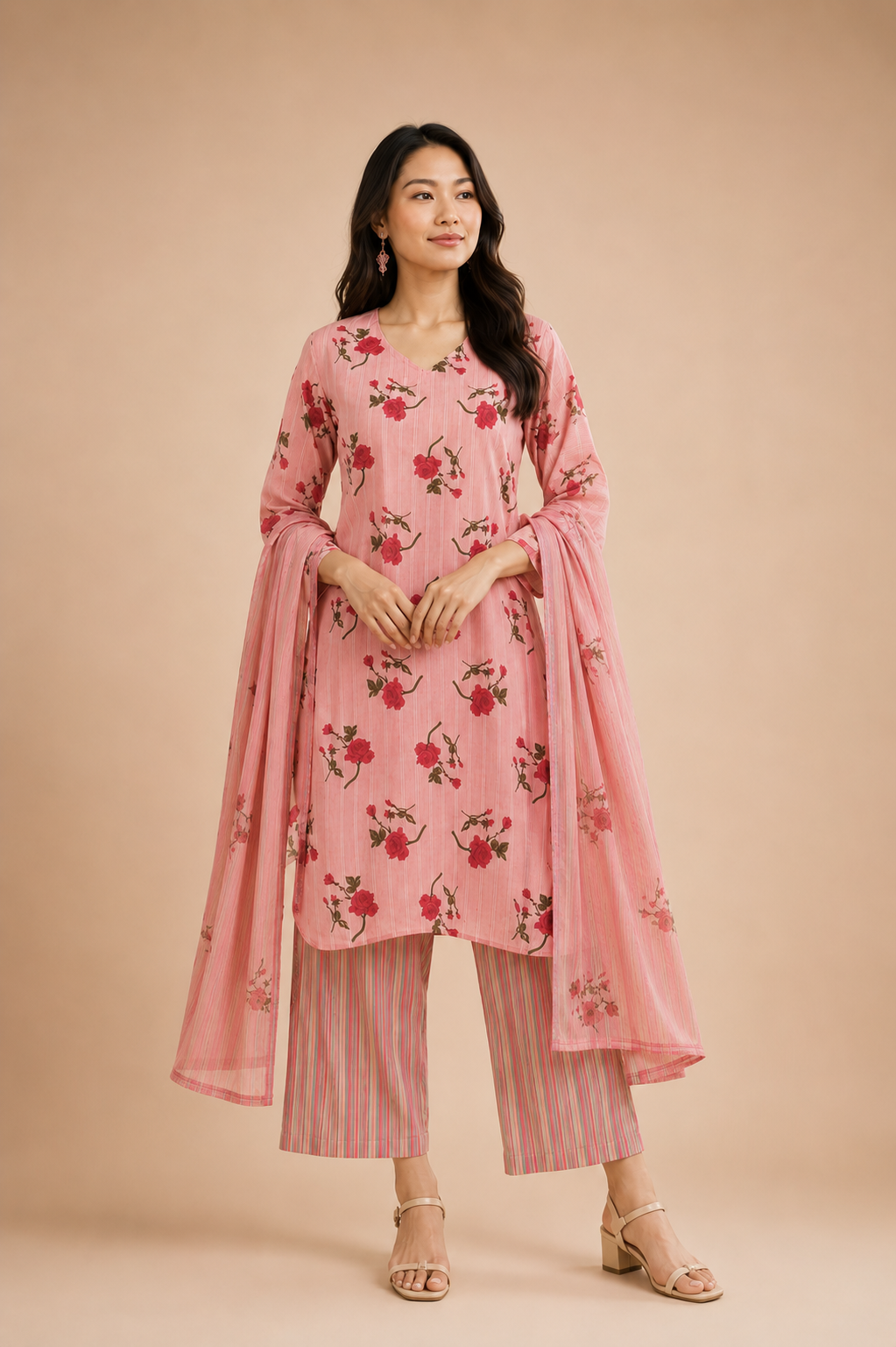 Rosé Bloom Cotton Kurta Set with Dupatta