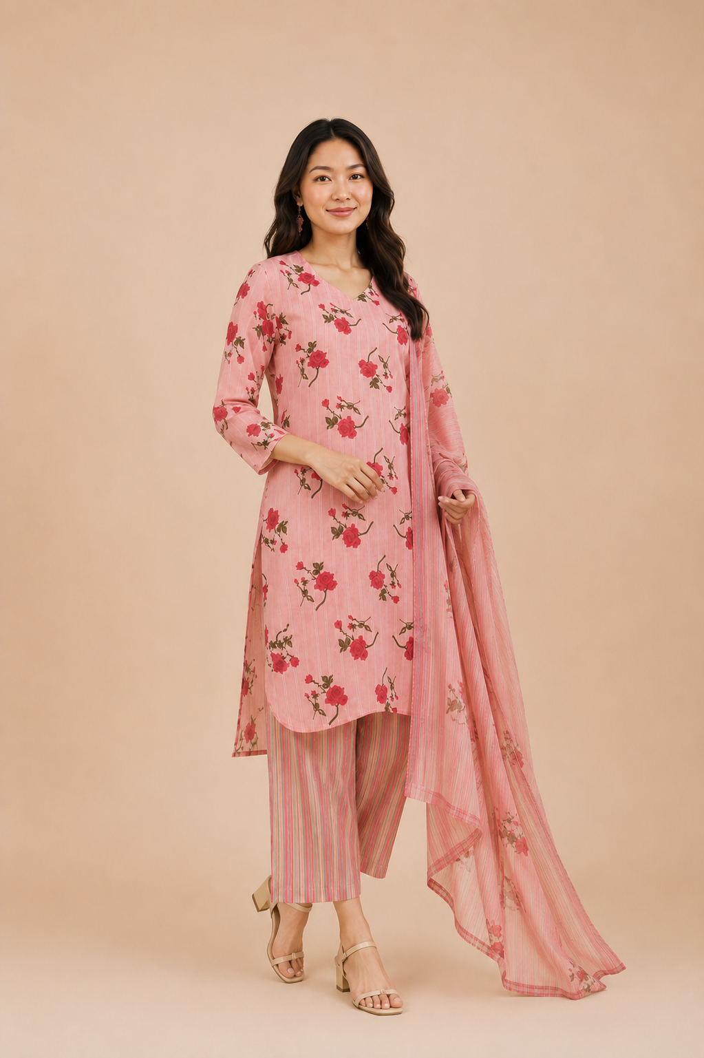 Rosé Bloom Cotton Kurta Set with Dupatta