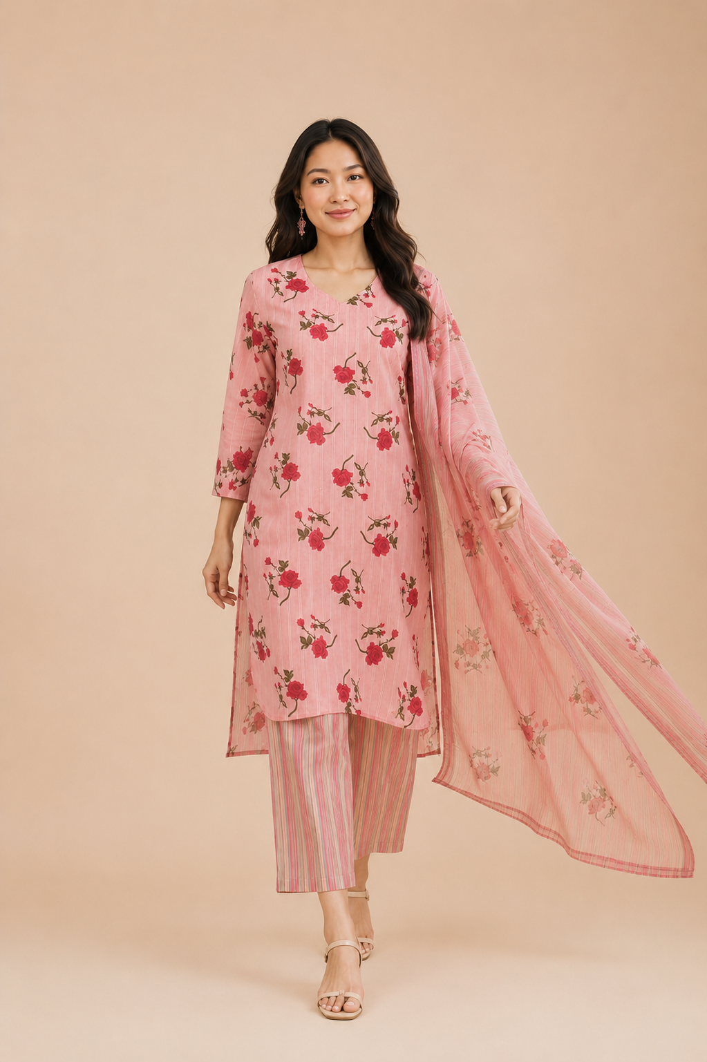 Rosé Bloom Cotton Kurta Set with Dupatta