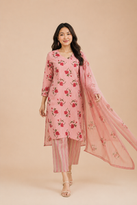 Rosé Bloom Cotton Kurta Set with Dupatta