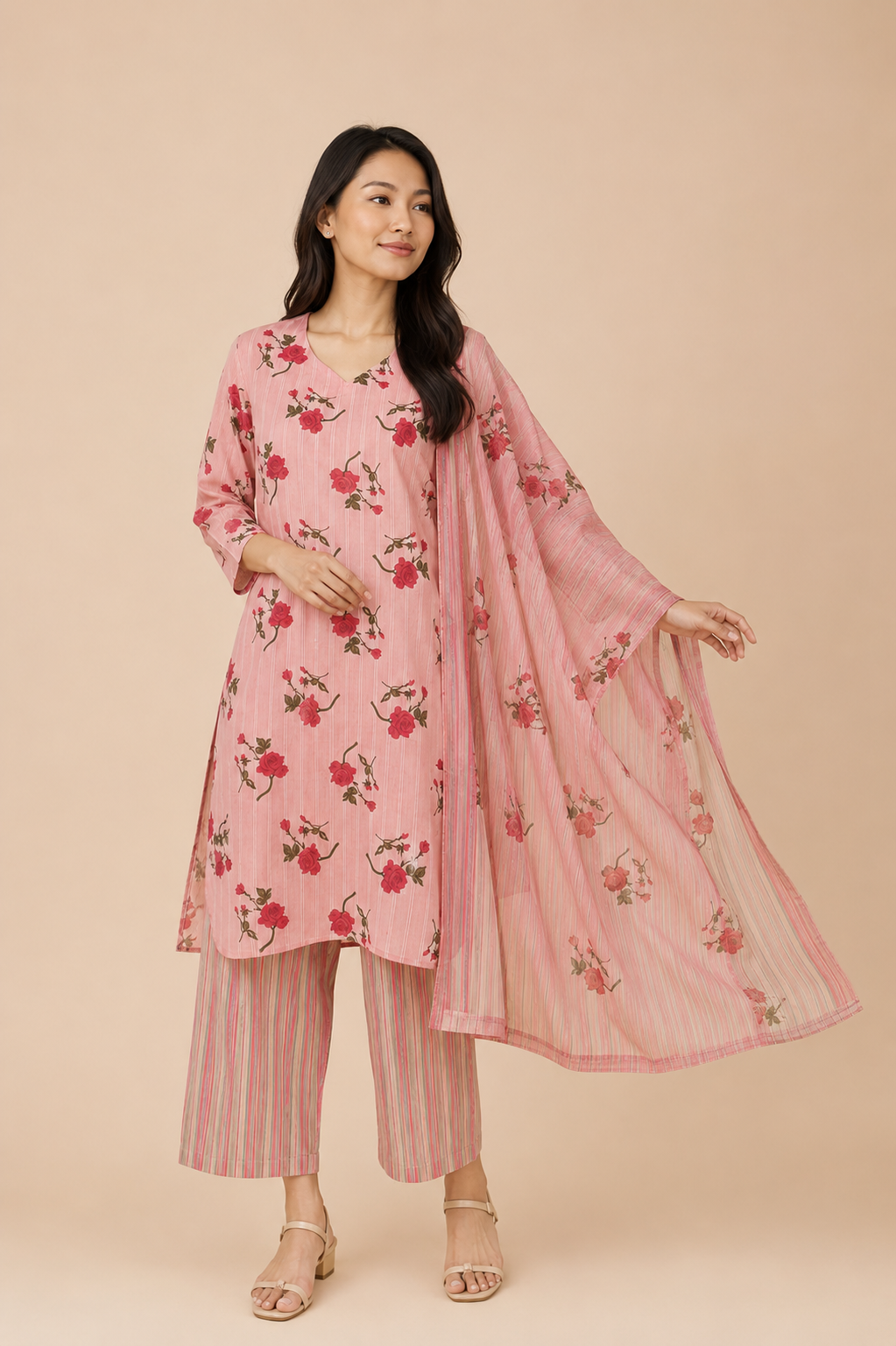 Rosé Bloom Cotton Kurta Set with Dupatta