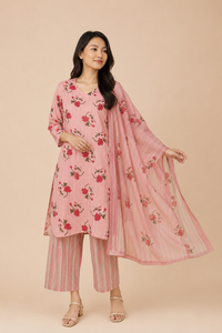 Rosé Bloom Cotton Kurta Set with Dupatta