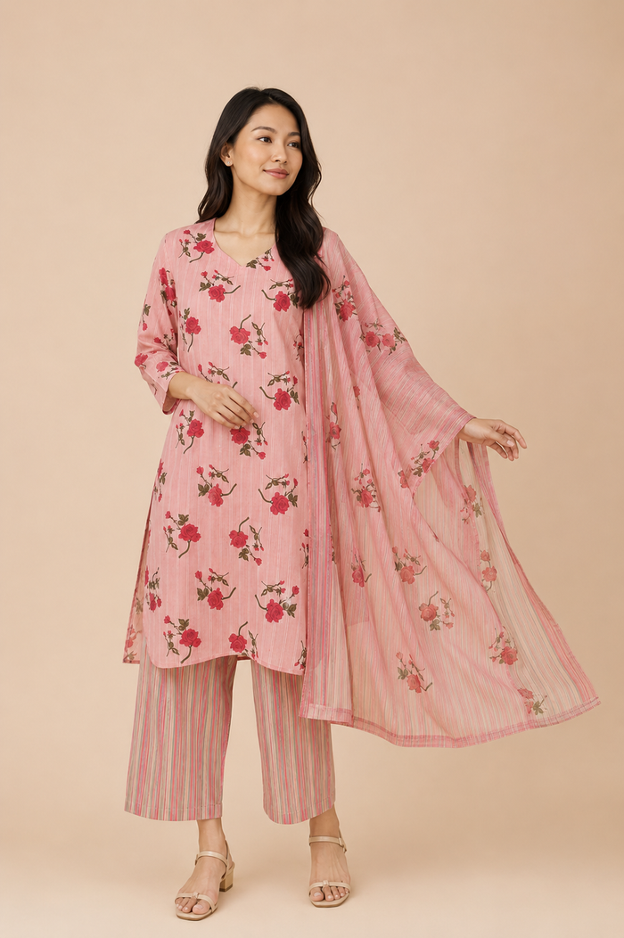 Rosé Bloom Cotton Kurta Set with Dupatta