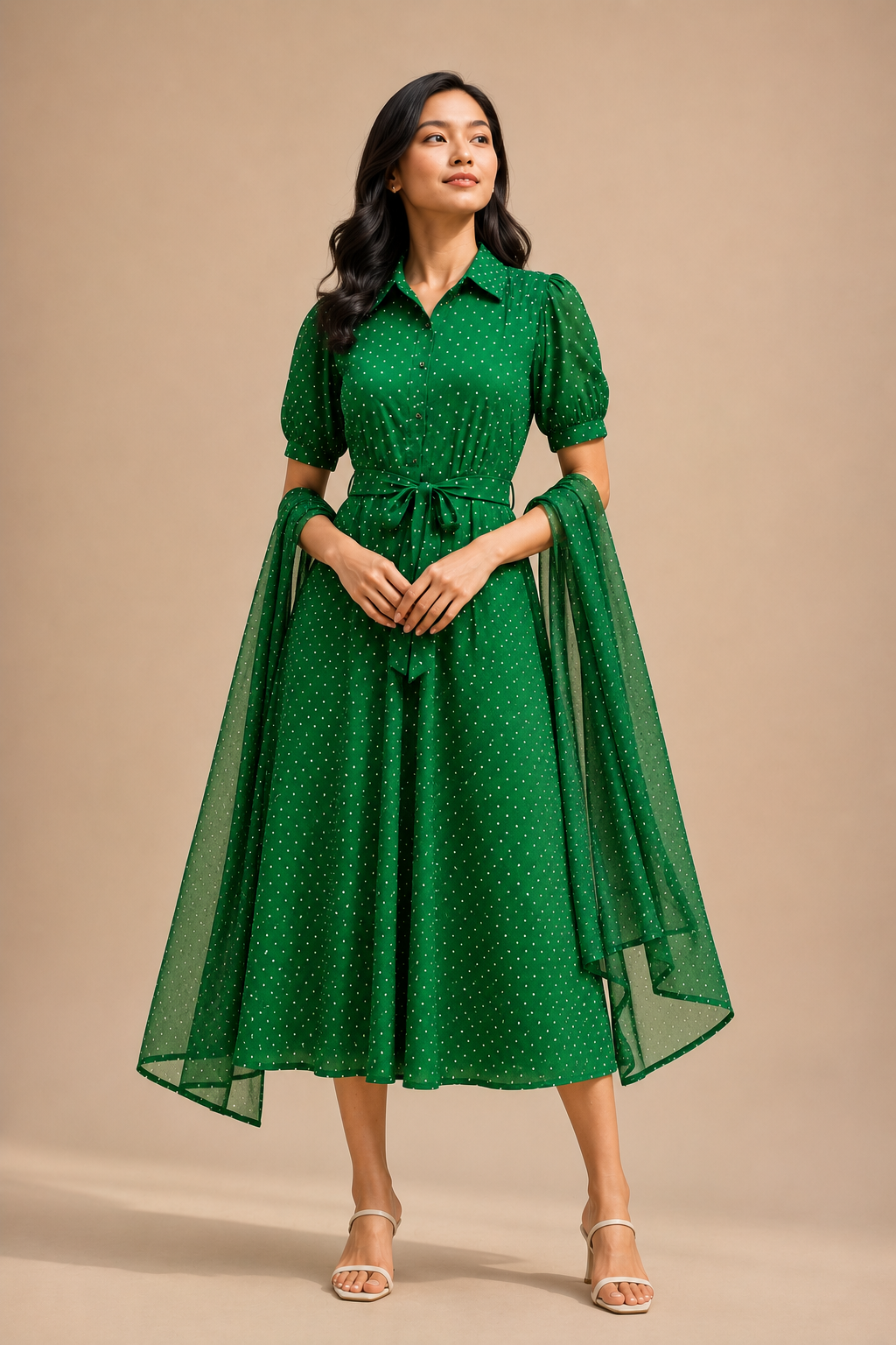 Emerald Grace Polka Dot Midi Dress