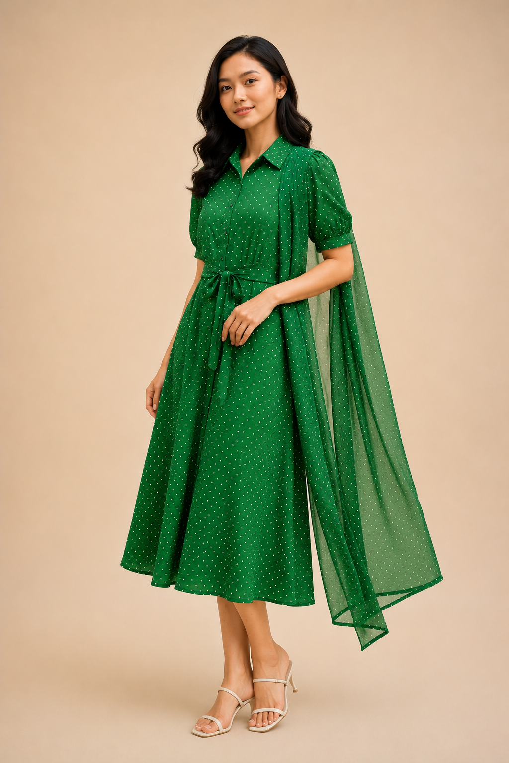 Emerald Grace Polka Dot Midi Dress