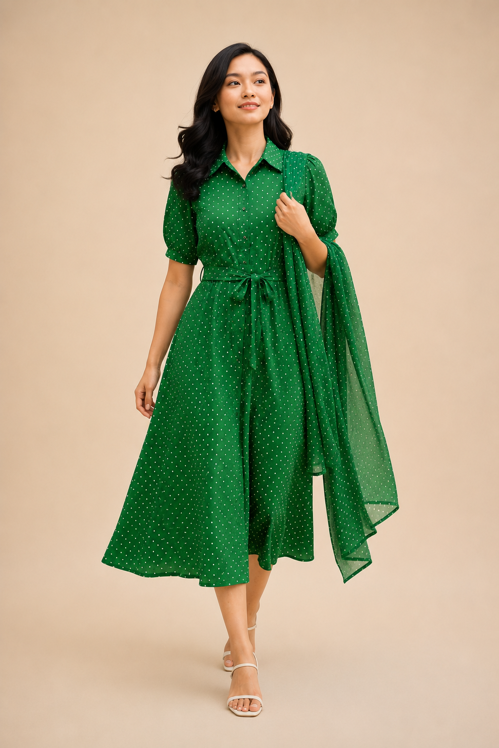 Emerald Grace Polka Dot Midi Dress
