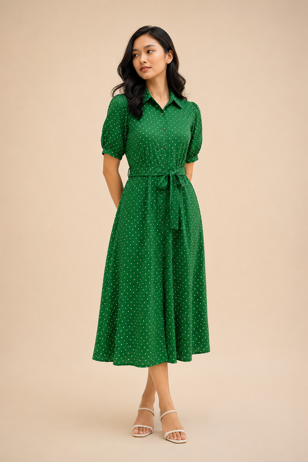 Emerald Grace Polka Dot Midi Dress