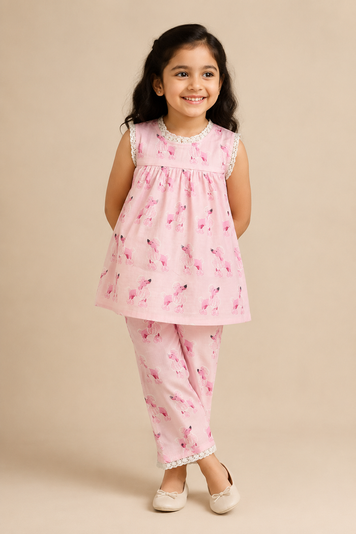 Pink Poodle Cotton Night Suit Set for Girls