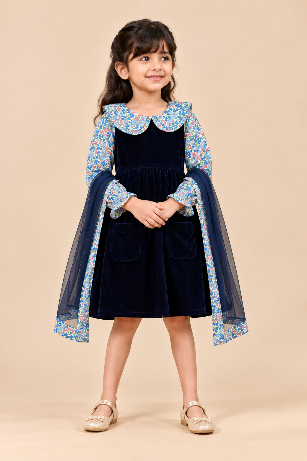 Midnight Bloom Velvet Party Dress for Girls