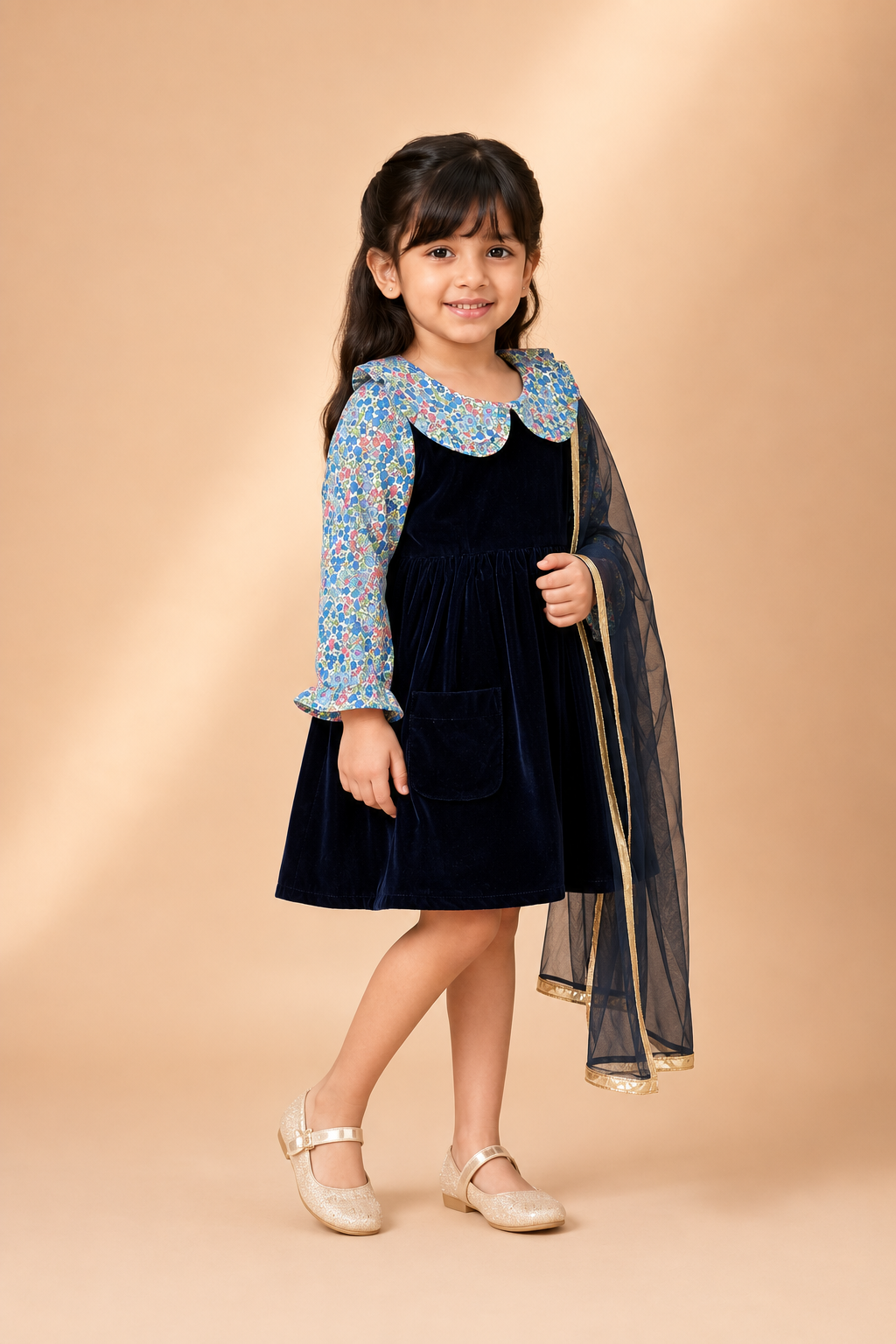 Midnight Bloom Velvet Party Dress for Girls