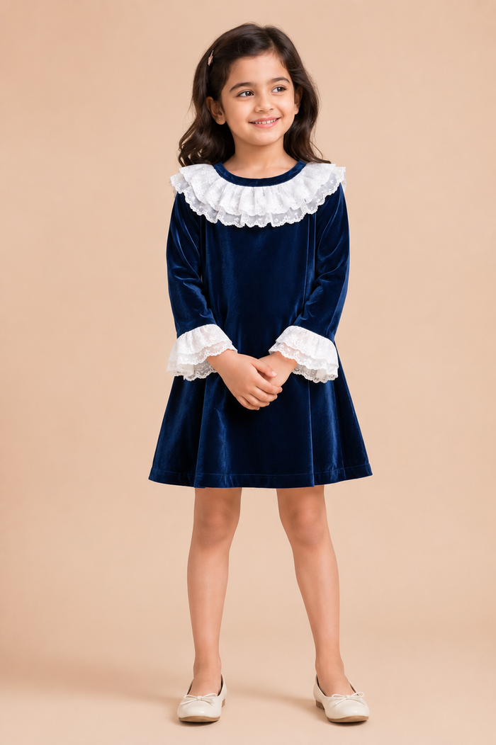 Midnight Velvet Ruffle Party Dress for Girls