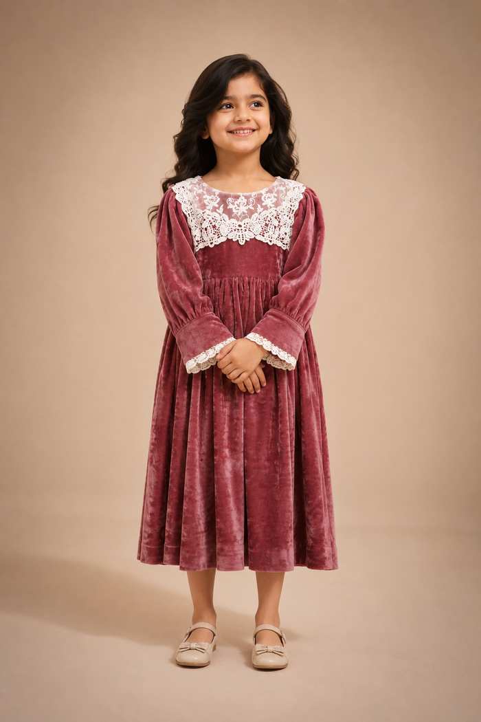 Rosé Velvet Lace Party Dress for Girls