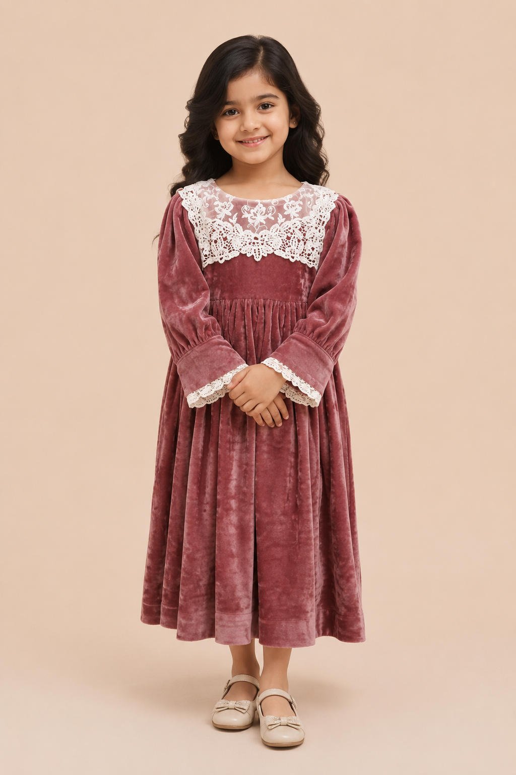 Rosé Velvet Lace Party Dress for Girls