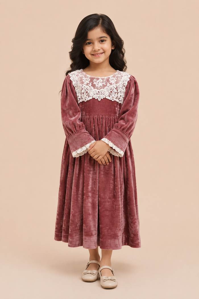 Rosé Velvet Lace Party Dress for Girls
