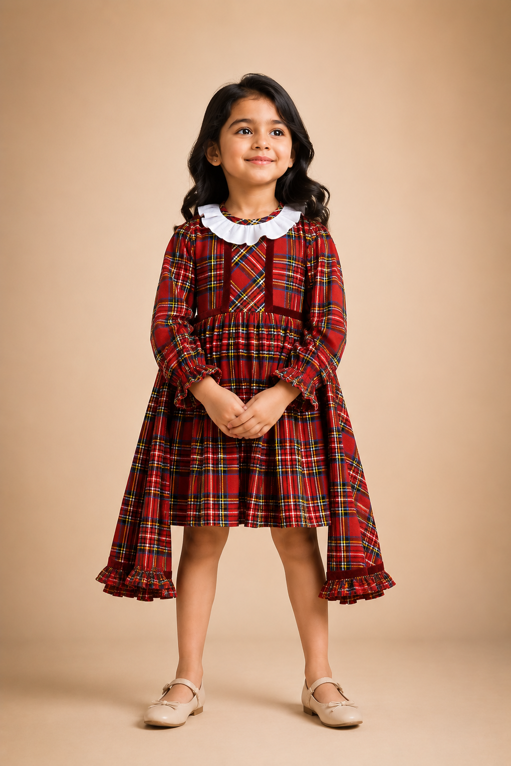 Girls Red Tartan Check Cotton Party Dress with White Peter Pan Collar