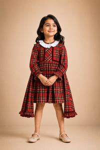 Girls Red Tartan Check Cotton Party Dress with White Peter Pan Collar