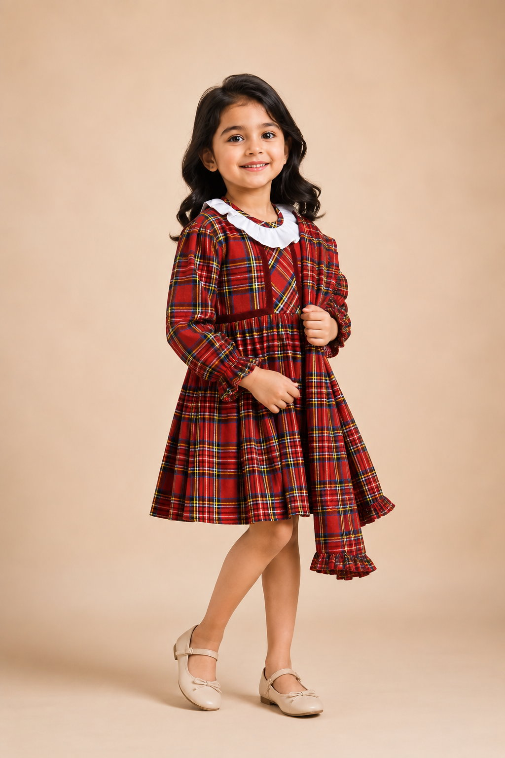 Girls Red Tartan Check Cotton Party Dress with White Peter Pan Collar