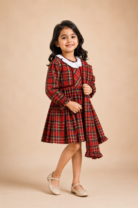 Girls Red Tartan Check Cotton Party Dress with White Peter Pan Collar