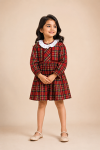 Girls Red Tartan Check Cotton Party Dress with White Peter Pan Collar