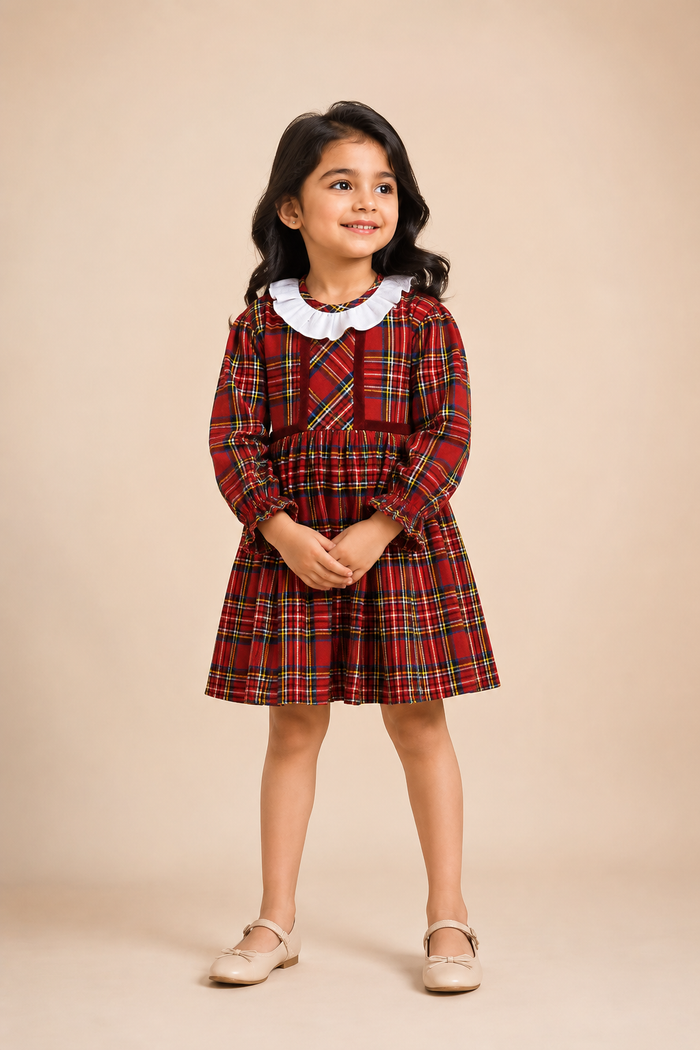 Girls Red Tartan Check Cotton Party Dress with White Peter Pan Collar