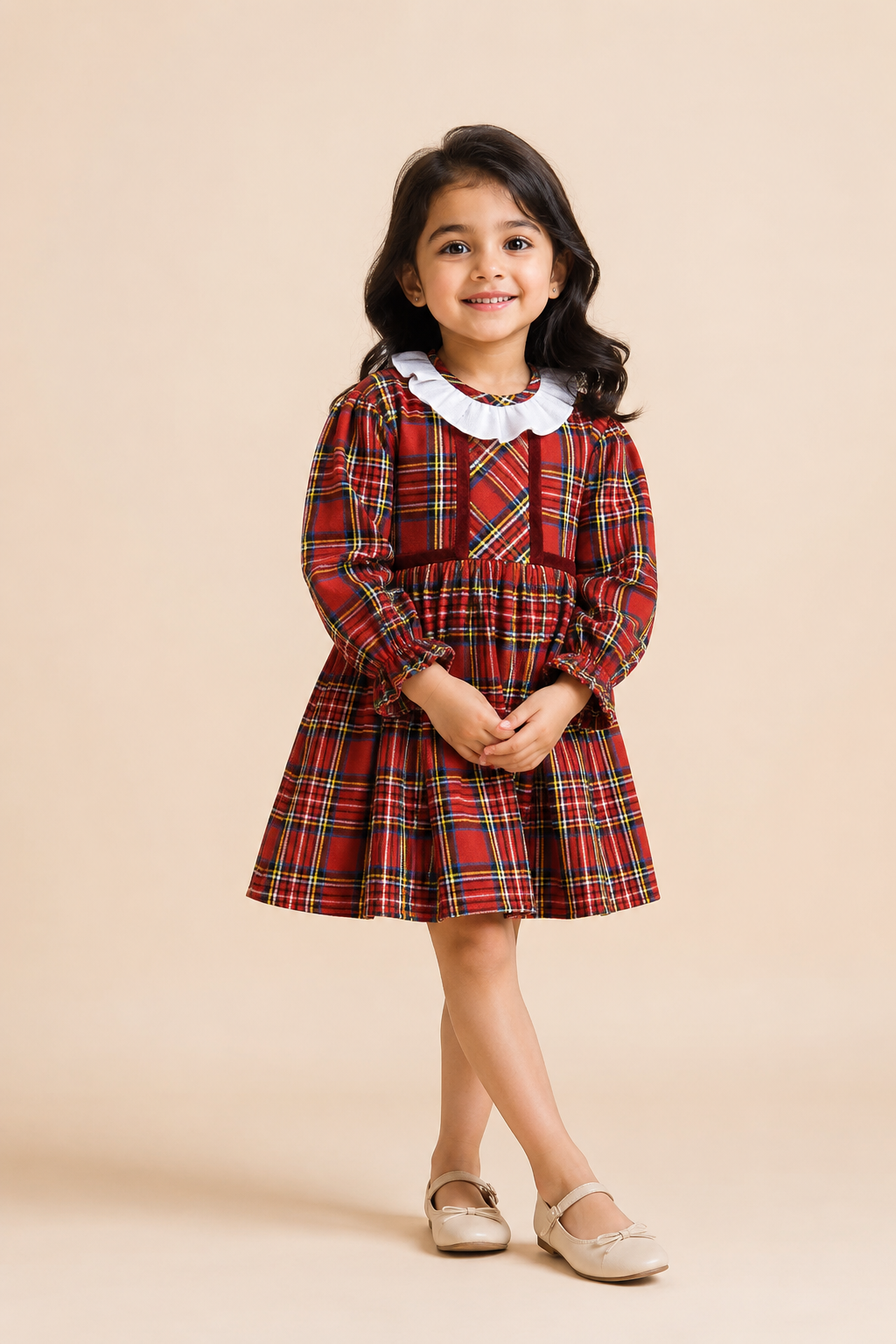 Girls Red Tartan Check Cotton Party Dress with White Peter Pan Collar